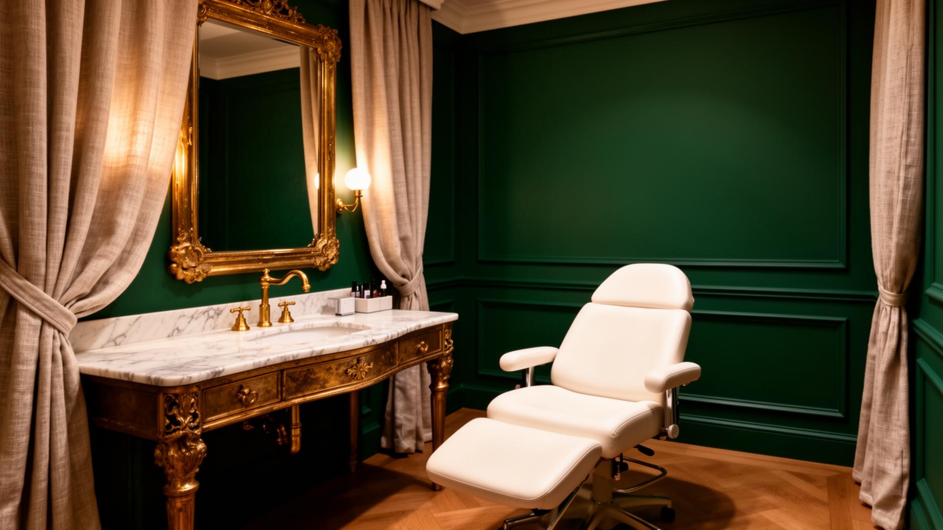 Private aesthetic treatment suite with marble vanity and antique gold fixtures