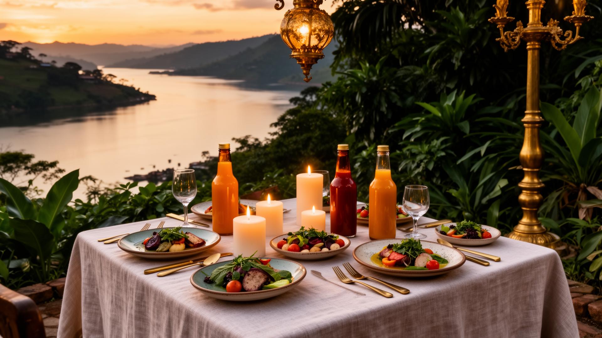 Private chef's table garden-to-table dinner overlooking Lake Guatapé at golden hour