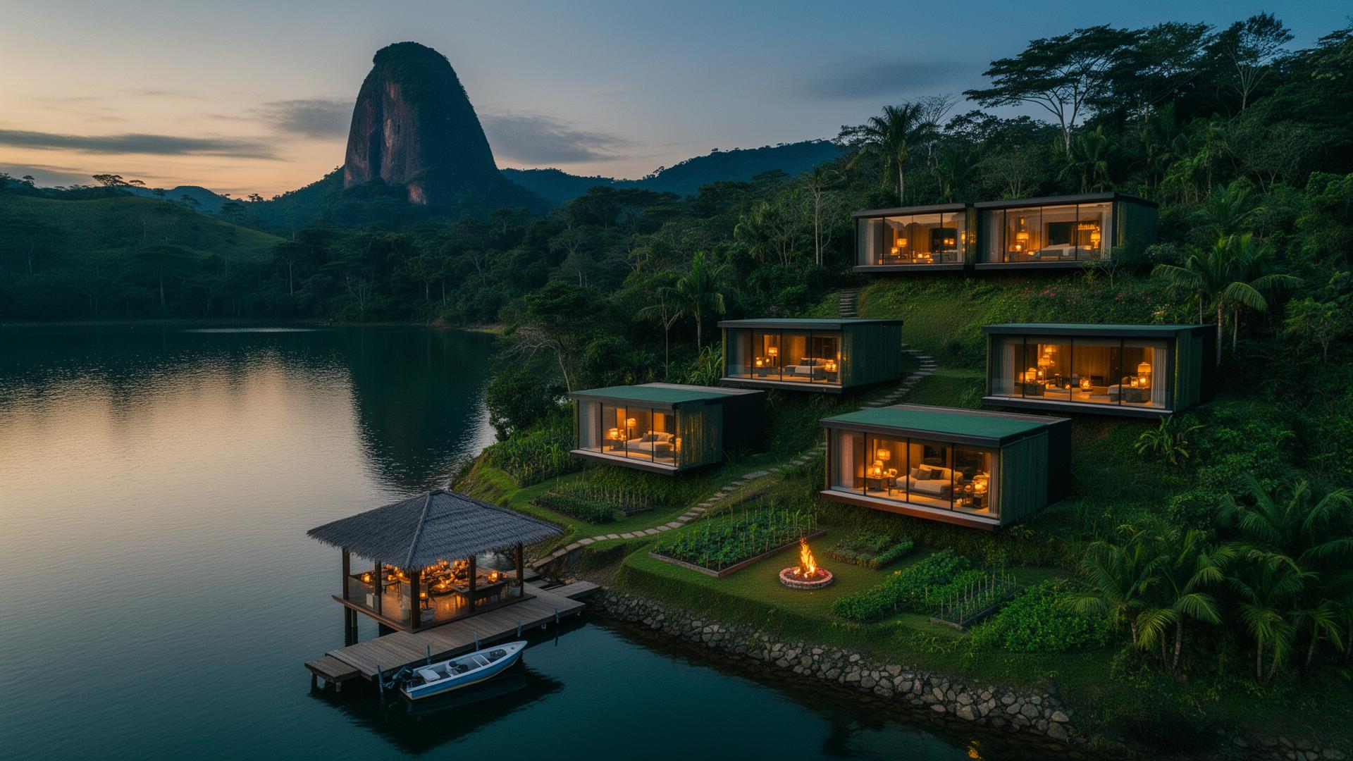 Aerial view of The Sanctuary estate with five glass pods stepped up the hillside above Lake Guatapé