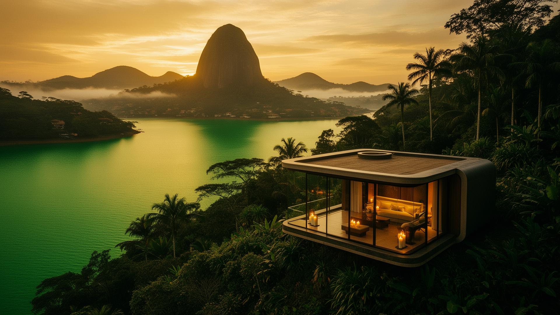 The Sanctuary waterfront estate at golden hour with El Peñón silhouette across Lake Guatapé