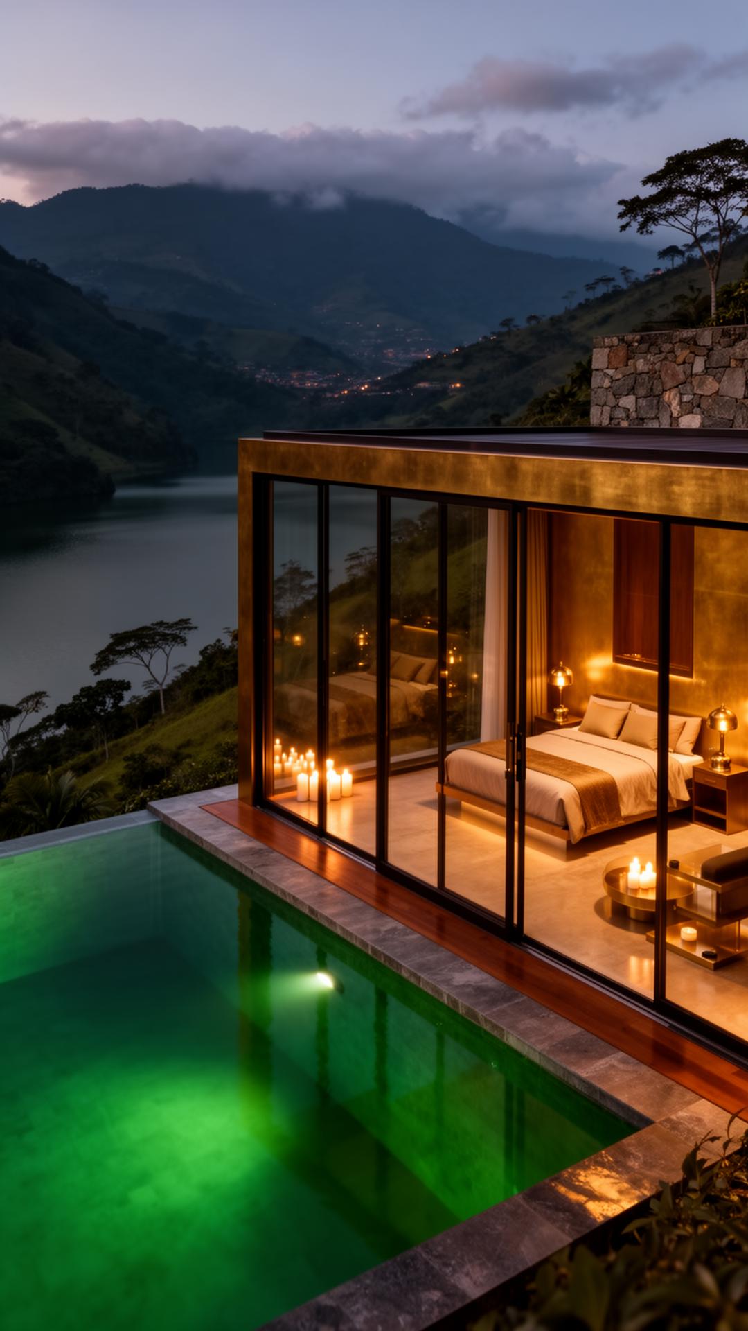 Glass-front Sanctuary pod with infinity pool at twilight overlooking Lake Guatapé