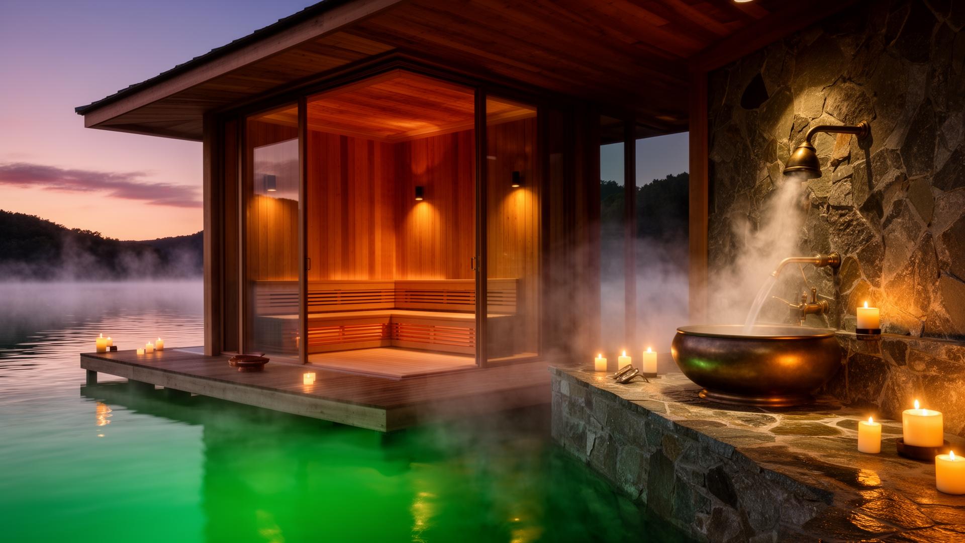 Over-water wellness pavilion with infrared sauna and copper cold plunge at dawn